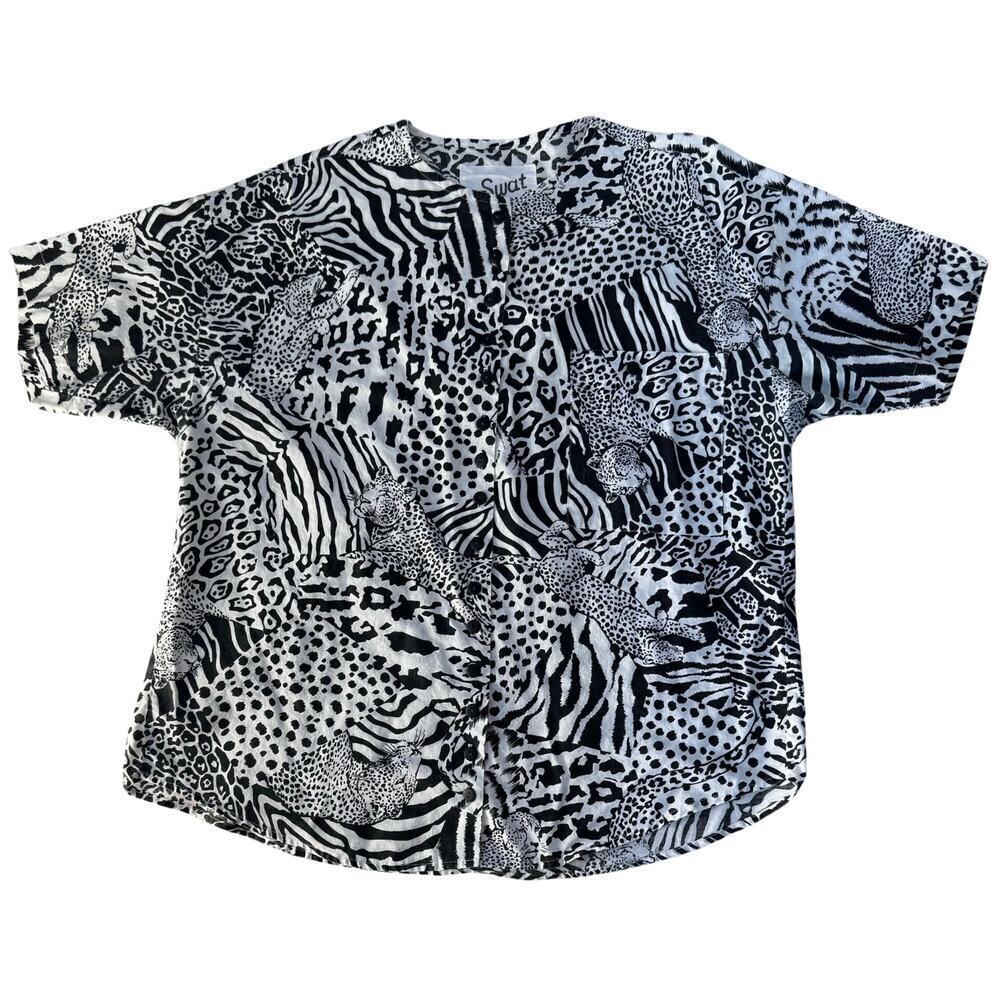 Swat Blouse Womens XXL Black‎ White Animal Print Pockets Button Front Hi-Lo